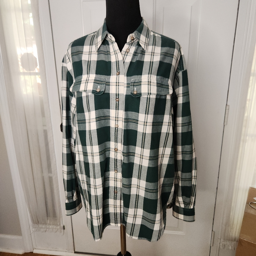 Liz Sport Long Sleeve Green and Brown Long Sleeve Plaid Shirt Size Medium